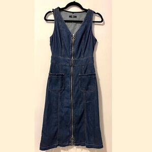 denim midi maxi dress zipper detail frayed hems medium dark wash pockets